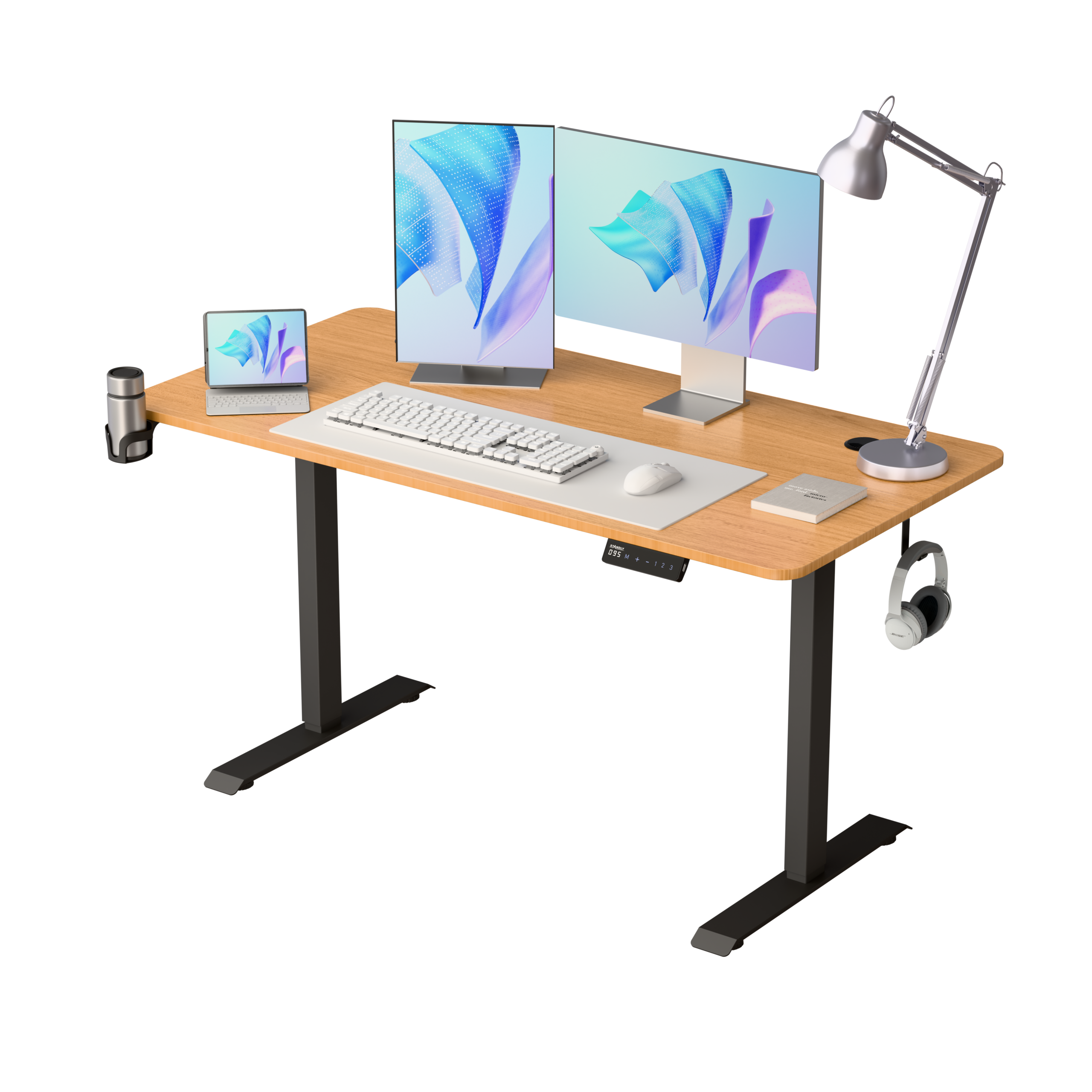 שולחן עבודה מתכוונן חשמלי דו מנועי STANDLY Z1 עם רגליים בצבע שחור ופלטה בצבע עץ טבעי באורך 140 ס״מ