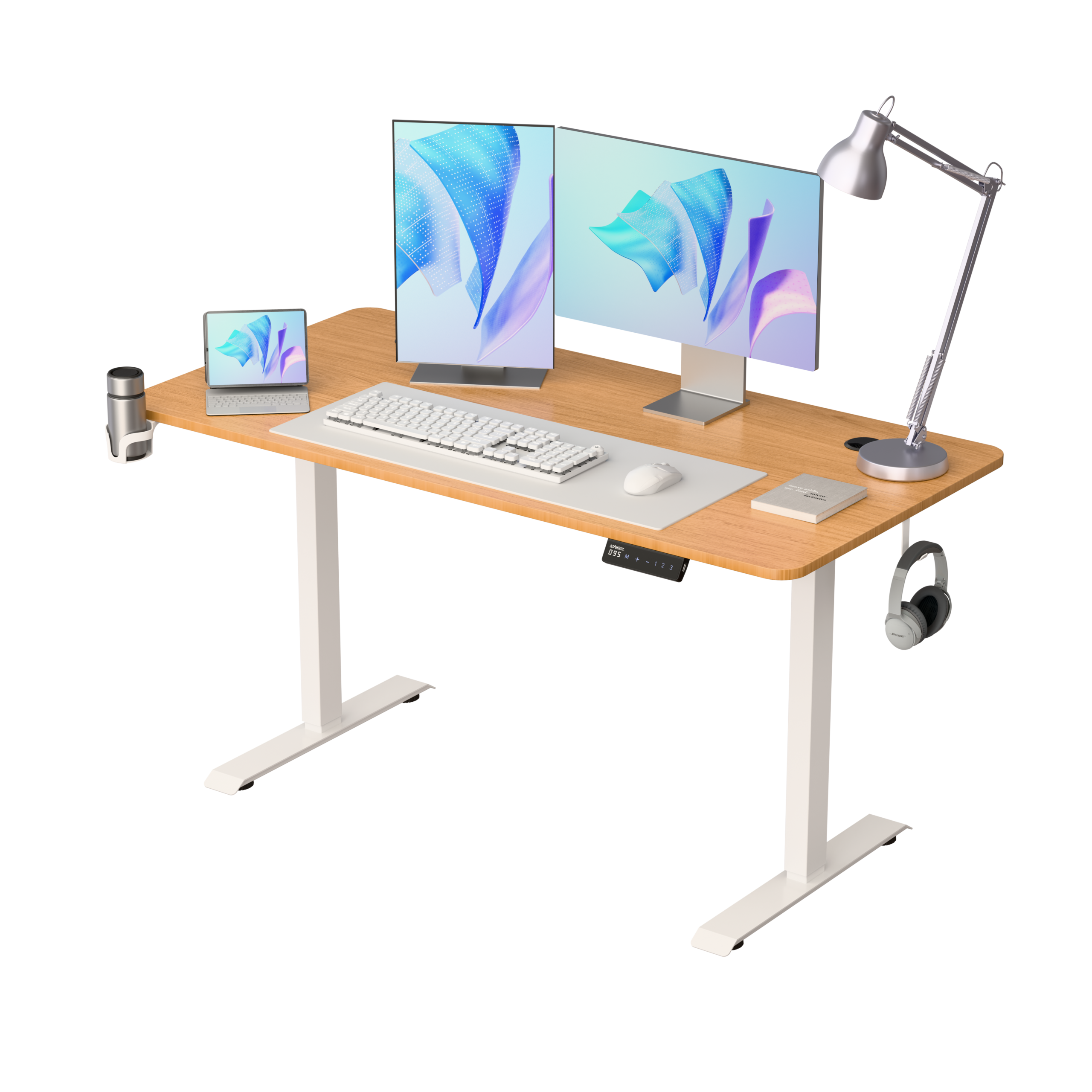 שולחן עבודה מתכוונן חשמלי דו מנועי STANDLY Z1 עם רגליים בצבע לבן ופלטה בצבע עץ טבעי באורך 140 ס״מ