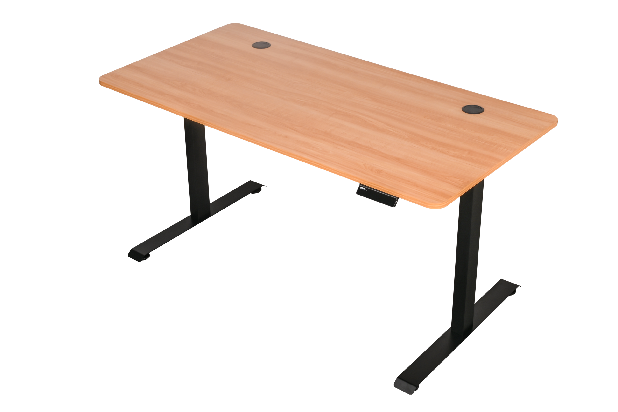 שולחן עבודה מתכוונן חשמלי דו מנועי STANDLY Z1 עם רגליים בצבע שחור ופלטה בצבע עץ טבעי באורך 140 ס״מ