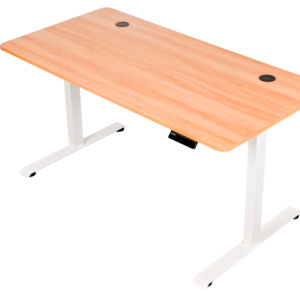 שולחן עבודה מתכוונן חשמלי דו מנועי STANDLY Z1 עם רגליים בצבע לבן ופלטה בצבע עץ טבעי באורך 140 ס״מ