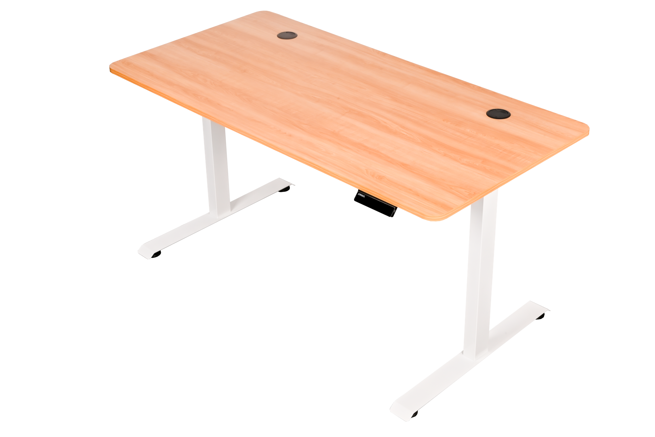 שולחן עבודה מתכוונן חשמלי דו מנועי STANDLY Z1 עם רגליים בצבע לבן ופלטה בצבע עץ טבעי באורך 140 ס״מ